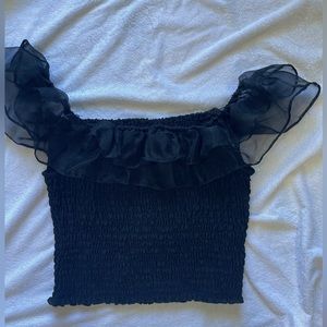 Black Smocked Ruffle Frill Off Shoulder Stretch Crop Top